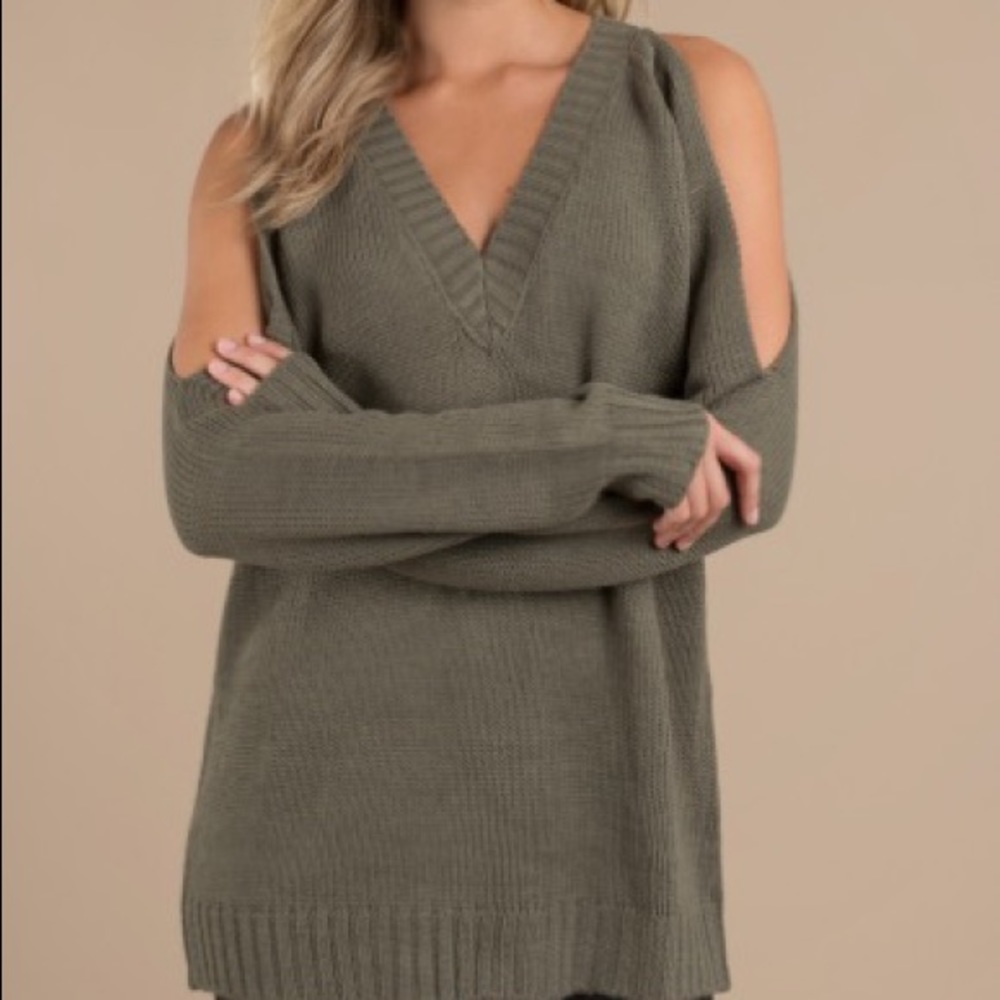 Tobi olive green open shoulder sweater and vneck